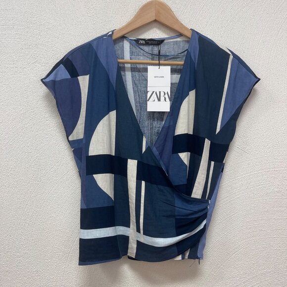 NWT Zara Linen Blend V-Neck Blouse Top Sz XS - Picture 1 of 4